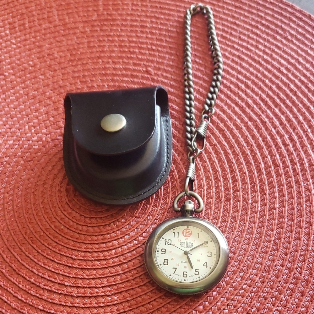 Black and Silver Pocket Watch with Chain and Leather Case